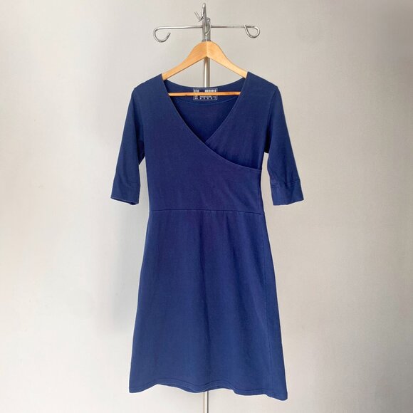 🍂 Navy Blue Stretch Cotton Faux-Wrap V-Neck Soft Above-Knees Travel Dress - Picture 1 of 7